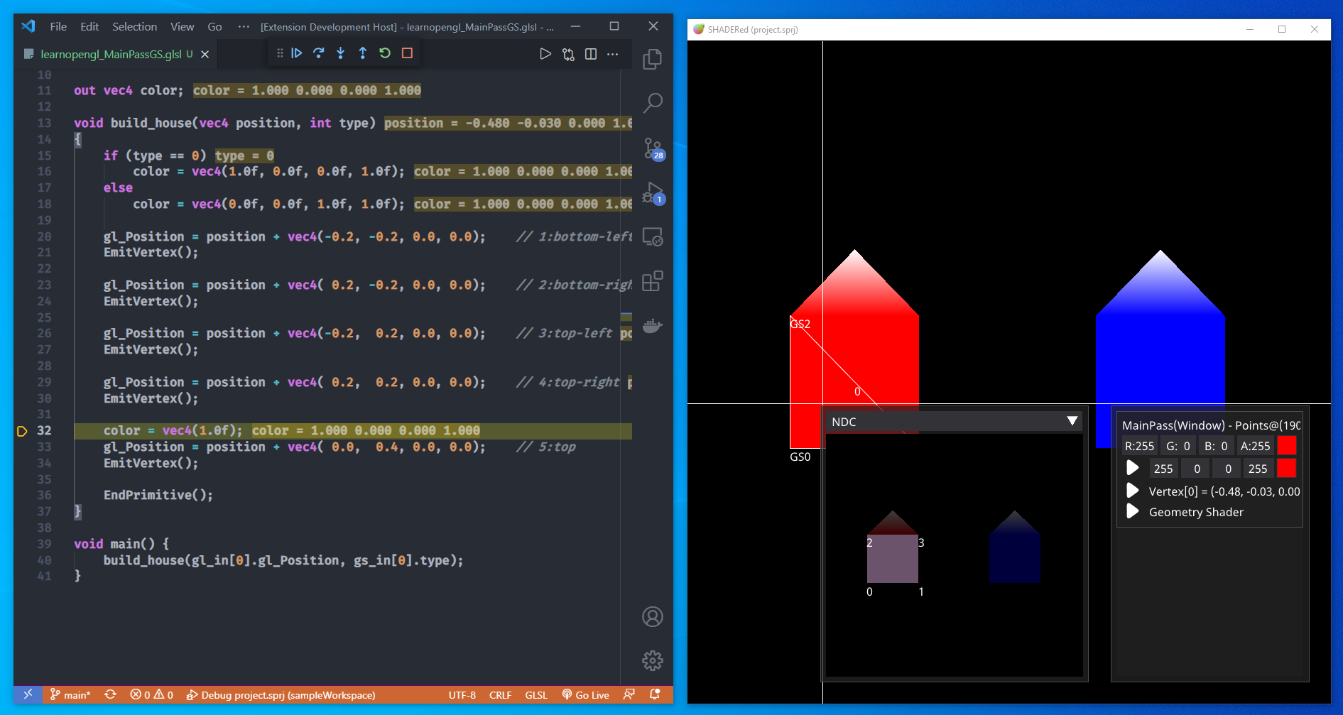 Debugging geometry shader in VS Code